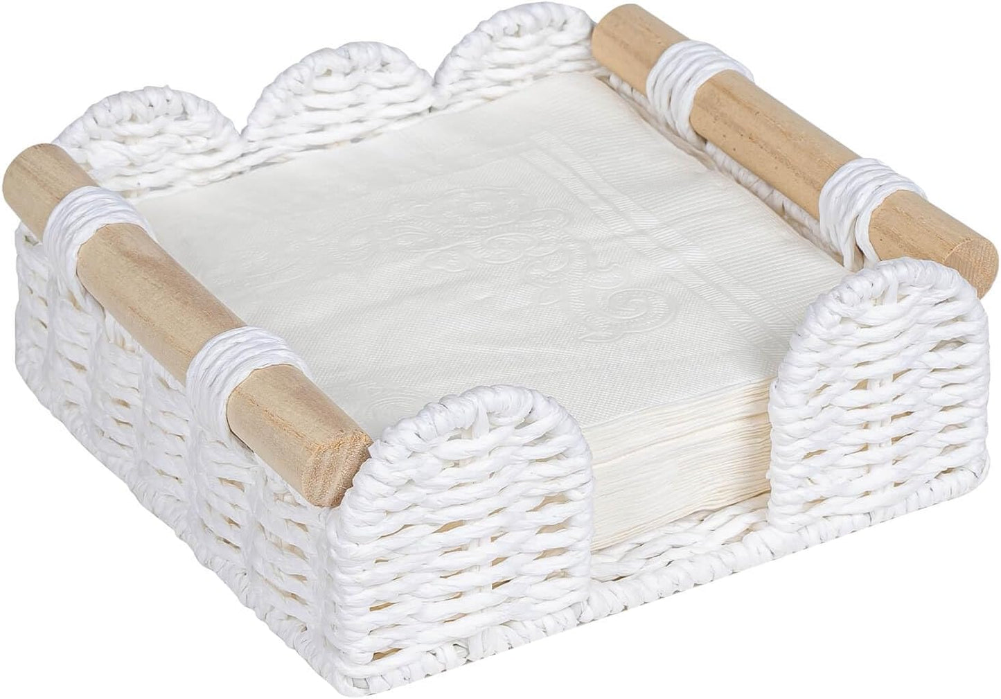 CubesLand Scalloped Napkin Holder for Table, Farmhouse Warming Home Kitchen Decor, Paper Rope Flat Napkin Dispenser Guest Towel Tray for Bathroom, Disposable Napkin Basket for Dining Table, White