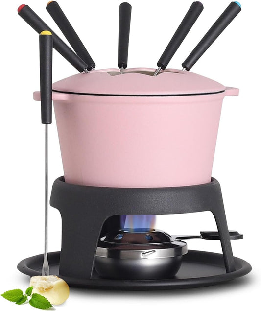 Artestia Cast Iron Cheese Fondue Pot Set for Chocolate Swiss Fondue Set Camping Fondue Set with 6 Fondue Forks, 11-Piece Cheese Fondue Set Serve 6 Persons (Pink)