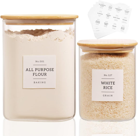 2 Pack large Square Glass Flour and Sugar Containers with 132 Kitchen Pantry Labels - 110 floz & 51 floz - Glass Jars with Airtight Bamboo Lid - Glass Rice Canisters for Coffee, Pasta, Cookie, Cereal