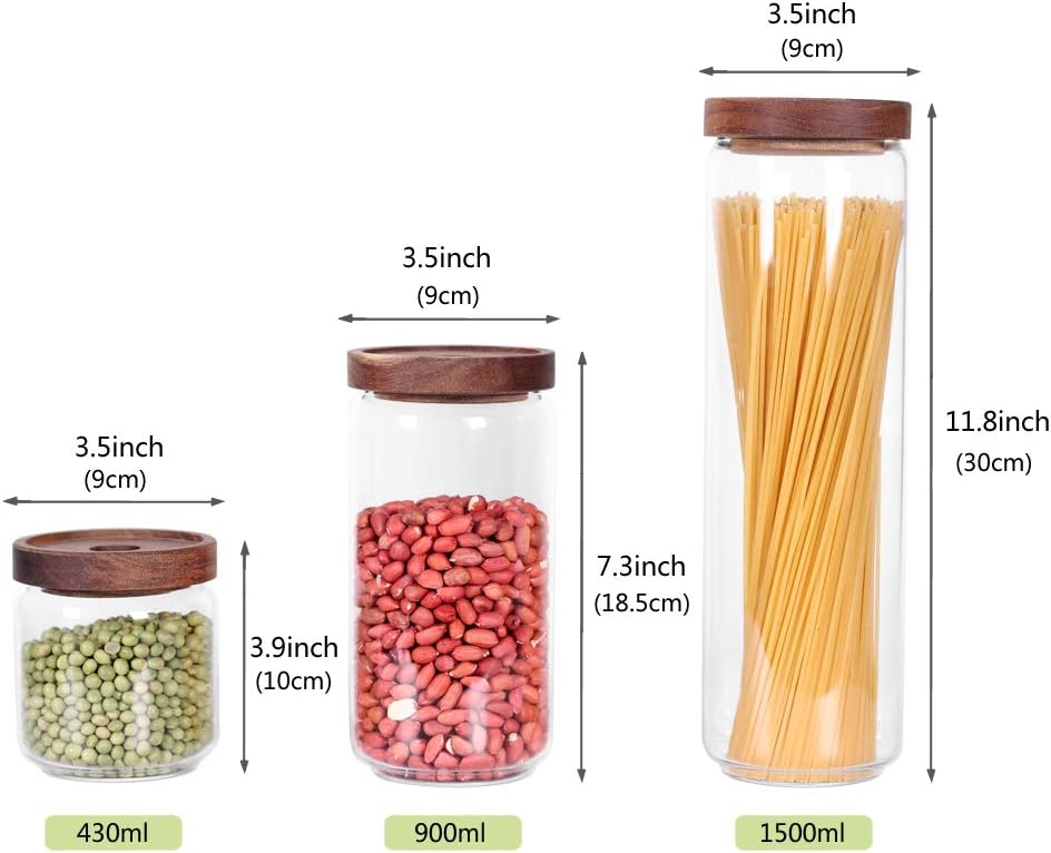 Glass Canisters Set of 5 for the kitchen, Glass Storage Container jars with Airtight Acacia Lid for Coffee Beans, Flour, Sugar, Rice and Spaghetti and etc
