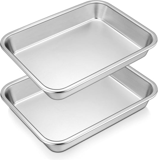 TeamFar Lasagna Pan, 10.5 x 8 x 1.7 inch Stainless Steel Rectangle Cake Pan Brownie Pan Set for Roasting Baking, Non Toxic & Healthy, Oven & Dishwasher Safe, Brushed Surface & Wider Edge - Set of 2