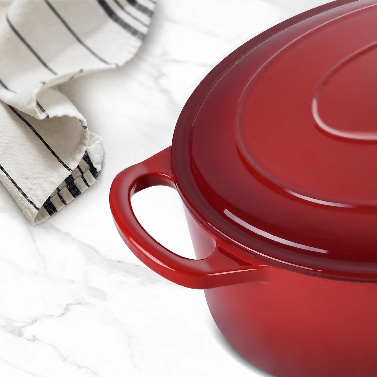 5QT Oval Dutch Oven Pot with Lid, Leonyo 5 Quart Enameled Oval Cast Iron Dutch Oven for Sourdough Bread Breaking, Heavy Duty Cookware for Braising, Stews, Roasting, Red