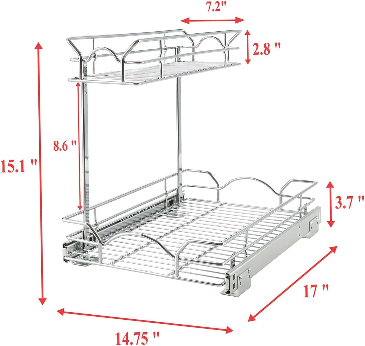 OCG Under Sink Cabinet Organizer Two Tier Pull Out Shelf (14.75W x 17D), Under Sink Sliding Shelf for Kitchen Bathroom Cabinet 2 Tier Chrome