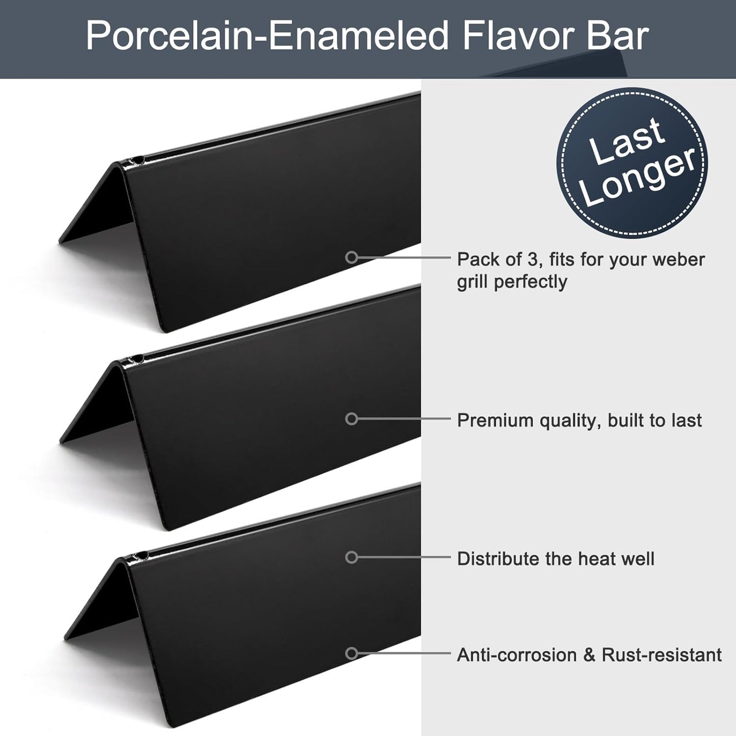 15.3" 7635 Porcelain-Enameled Flavorizer Bars for Spirit 200 Series Gas Grills, Spirit E210, S210, E220, S220 with Front Control Knobs, Set of 3 Heat Plates Flavorizer Bars Replacement for Weber 7635