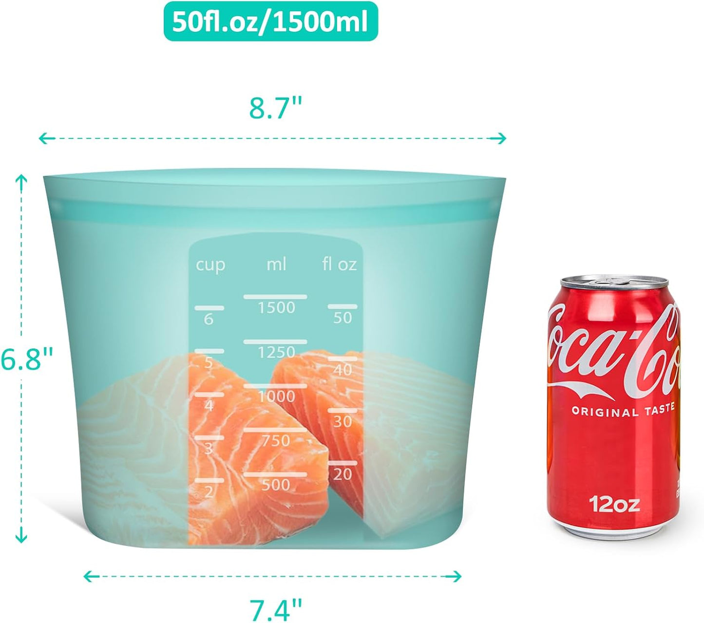 Large Reusable Storage Bag, 4 Pack 100% Silicone Food Storage Bags Stand Up Silicone Zip Lock Bags for Food Container, Freezer Microwave Oven Dishwasher Safe, Aqua, 50.7oz/ 1500ml