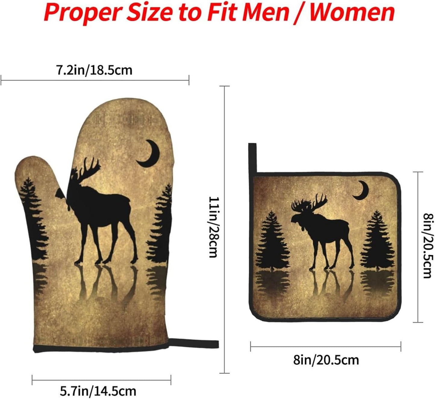 Rustic Elk Moose Deer Forest Pine Tree Moon Design Oven Mitts and Pot Holders Sets of 4 High Heat Resistant Vintage Animal Oven Mitts Oven Gloves and Hot Pads Potholders for BBQ Cooking Mitts