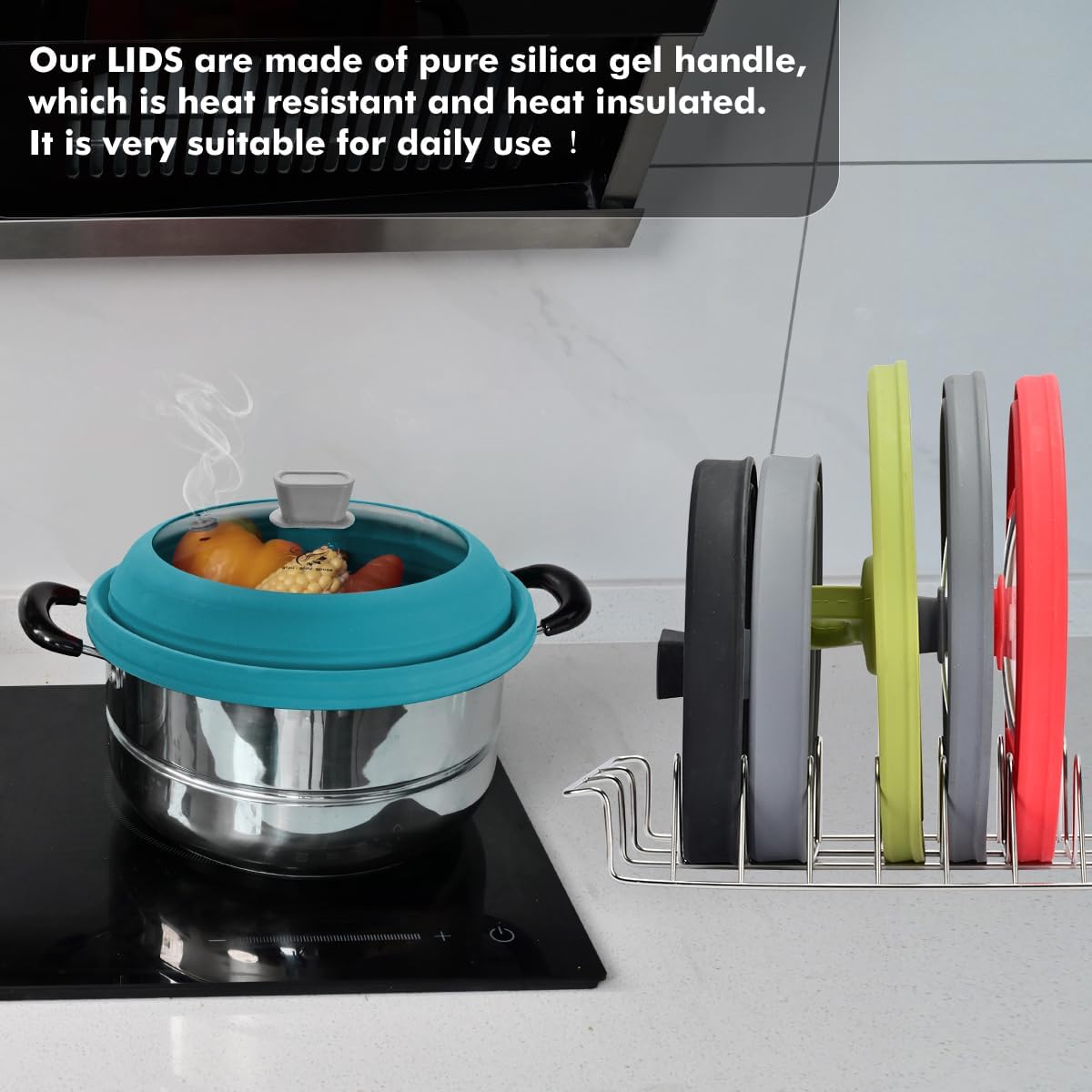 Microwave Splatter Cover Glass Cover Splatter Guard Lid with Collapsible Silicone for Food Cover Plate Cover 11.8 inch Blue