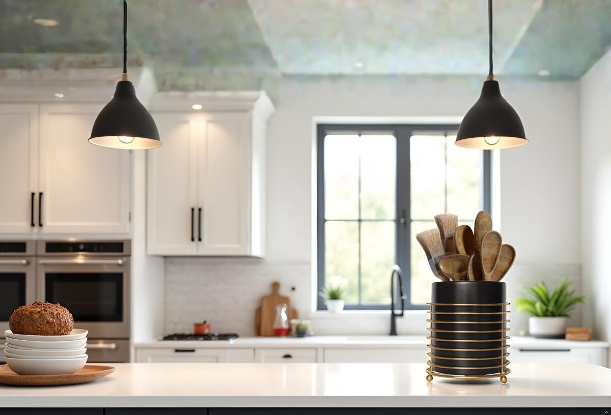 Dining Utensil Holder Cooking Utensil Holder,Gold Ring Metal Frame and Black Ceramics