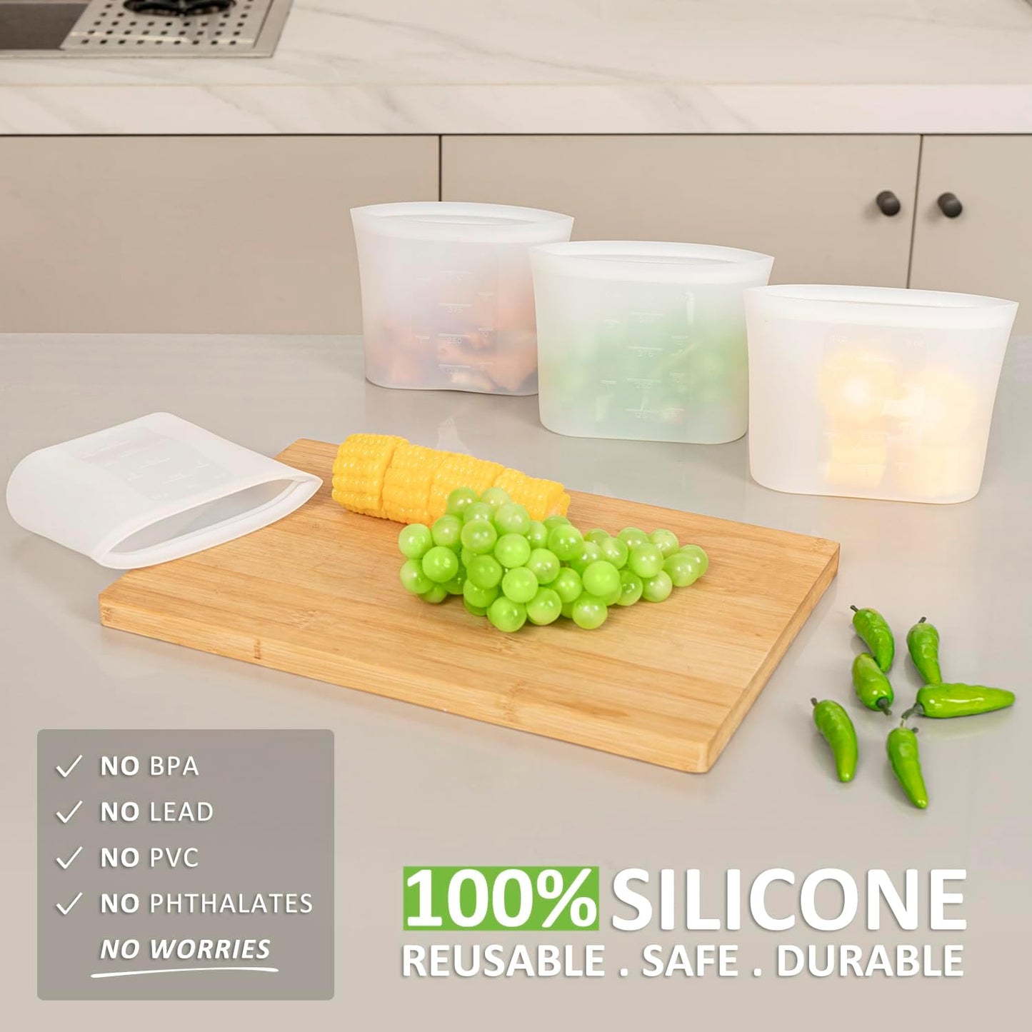 Reusable Snack Bags, 4 Pack, Stand Up 100% Silicone Reusable Storage Bag, Ziplock Silicone Food Storage Containers Snack Size, Freezer Microwave Oven Dishwasher Safe, Translucent, 16oz