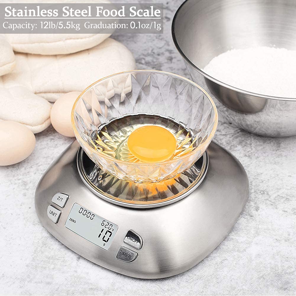 Digital Kitchen Scale with Removable Bowl 2.5L Volume, Electronic Stainless Steel Food Scale for Cooking Baking, Room Temperature, Alarm Timer, 12lb 5.5kg, Batteries Included