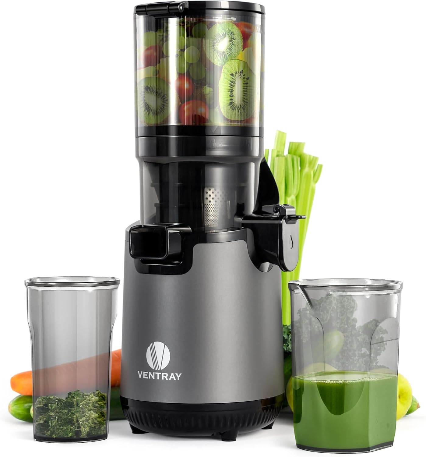 Ventray Cold Press Juicer, 5.12'' Extra Large Feed Chute Slow Masticating Juicer for Whole Vegetables & Fruits, 250w, High Juice Yield, Easy to Clean, with Brush, Fit for Batch Juicing