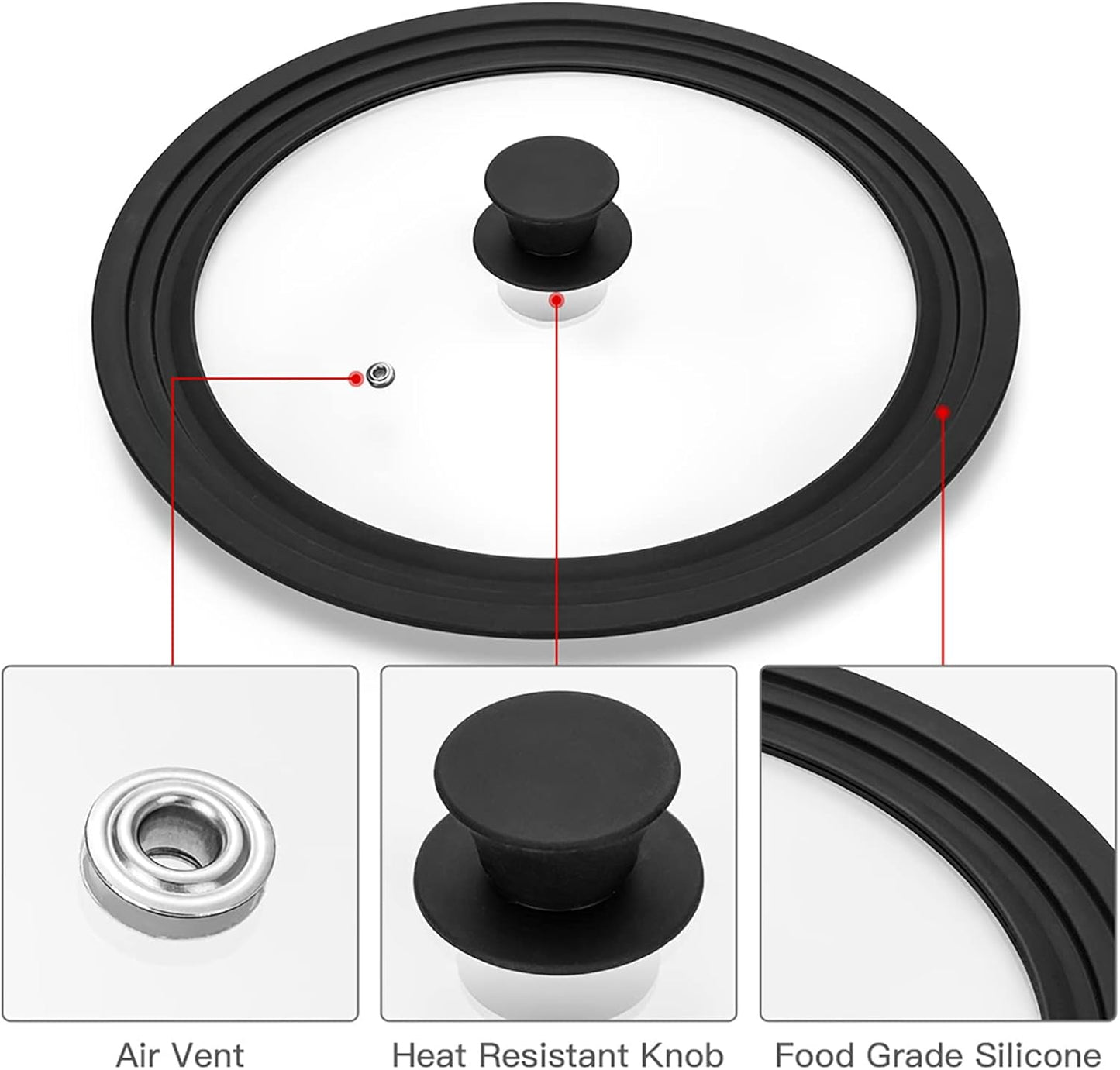 Universal Lid for Pots, Pans and Skillets Vented Tempered Glass with Heat Resistant Silicone Rim, Fits 6 inch, 7 inch, 8 inch Cookware, Replacement Lid, Black