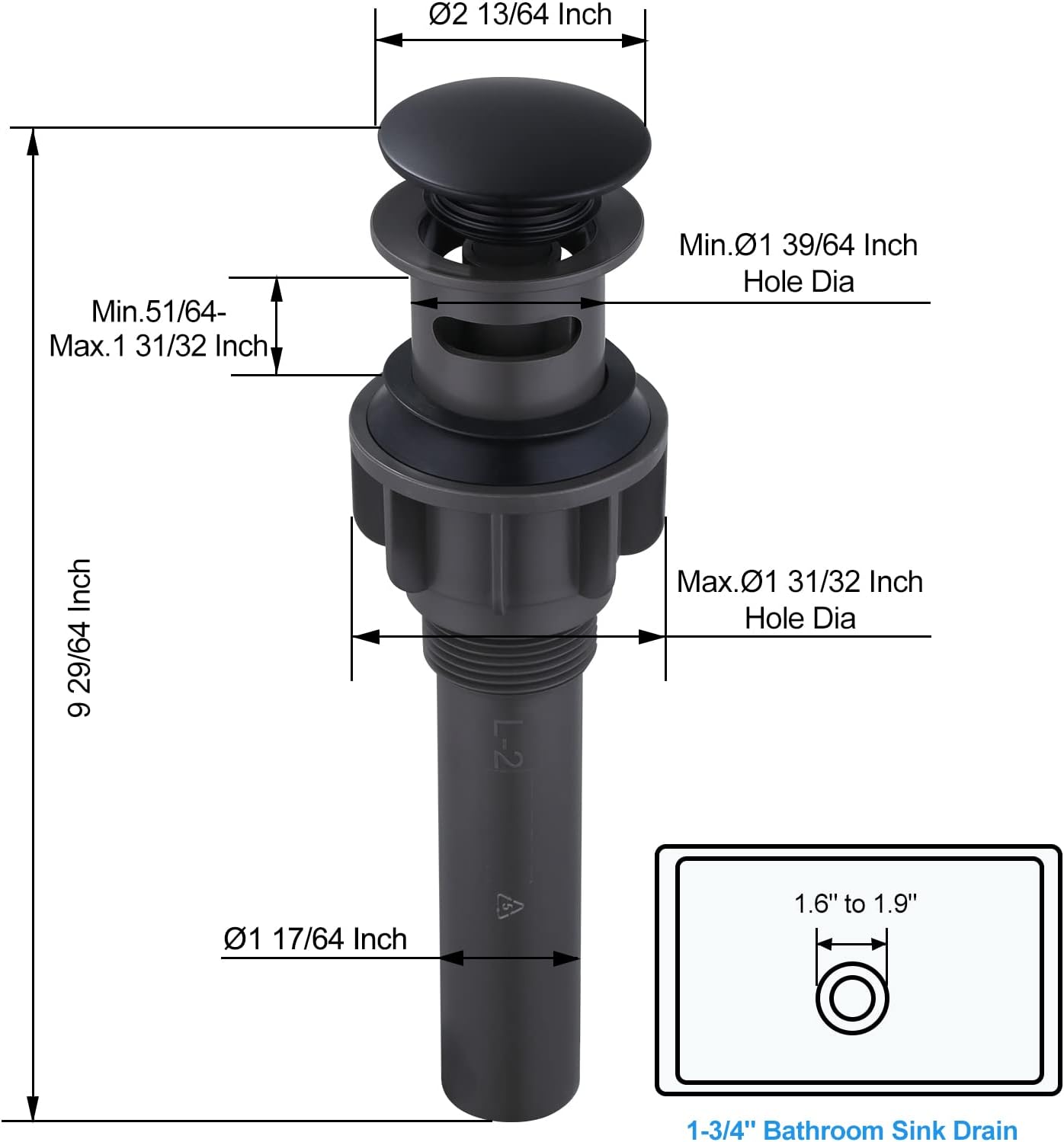 ARCORA Bathroom Sink Drain with Overflow 2 Pack, Matte Black Pop Up Drain Stopper Vanity Vessel Sink Clicker Drain Stopper