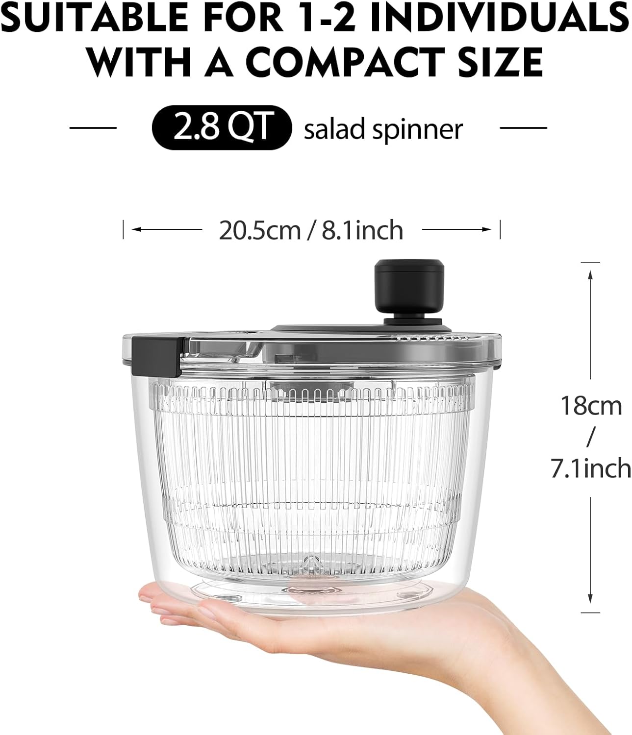 Ourokhome Salad Spinner Lettuce Dryer, Hand-crank Rotary Vegetable Dryer Veggie Washer with Transparent Bowl and Colander for Greens, Herb, Berry, Fruits, Macaroni, 2.8 QT, Black