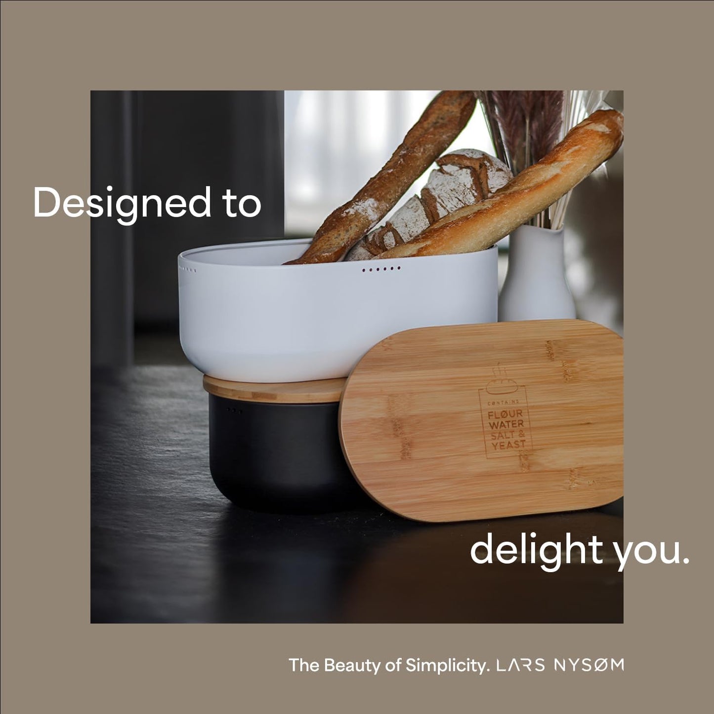 LARS NYSØM Bread Box I Metal Box with linen bag for long lasting freshness I Bread Bin with bamboo lid usable as cutting board I 14.2x7.5x5.1 In (Stone Blue)