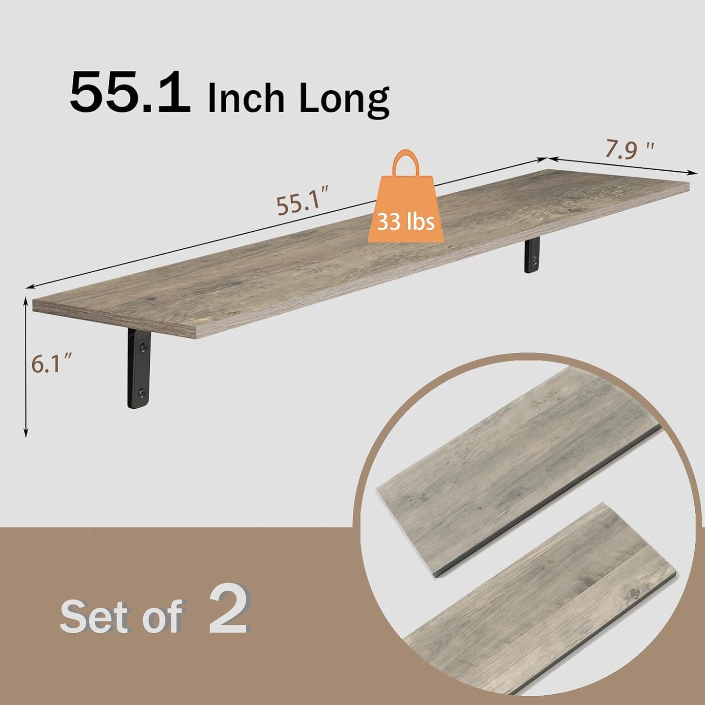 DINZI LVJ Long Wall Shelves, 55.1Inch Wall Mounted Shelves Set of 2, Extra Large Floating Storage Ledges with Sturdy Metal Brackets for Living Room, Bathroom, Bedroom, Kitchen, Gray Wash