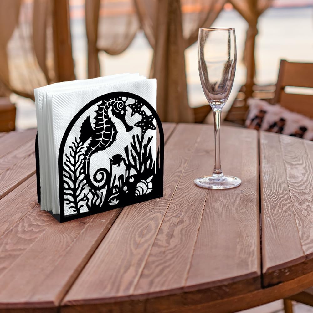 Seahorse and Coral Decorative Black Metal Napkin Holder for Table, 4.9" x 4.9" x 1.9" Ocean Standing Napkin Holder for Home Kitchen Restaurant Picnic Party Coffee Bar Dining Room