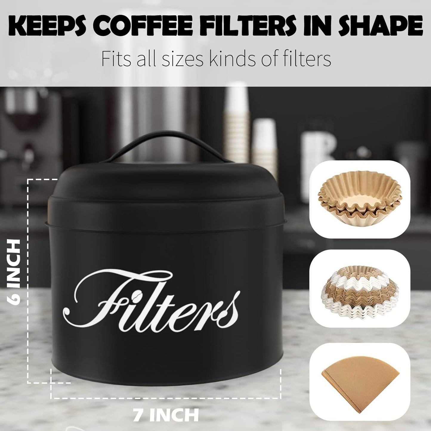 Black Basket Coffee Filter Holder With Lid - Round Container for Counter Storage - Rustic Farmhouse Bar Accessories Decor