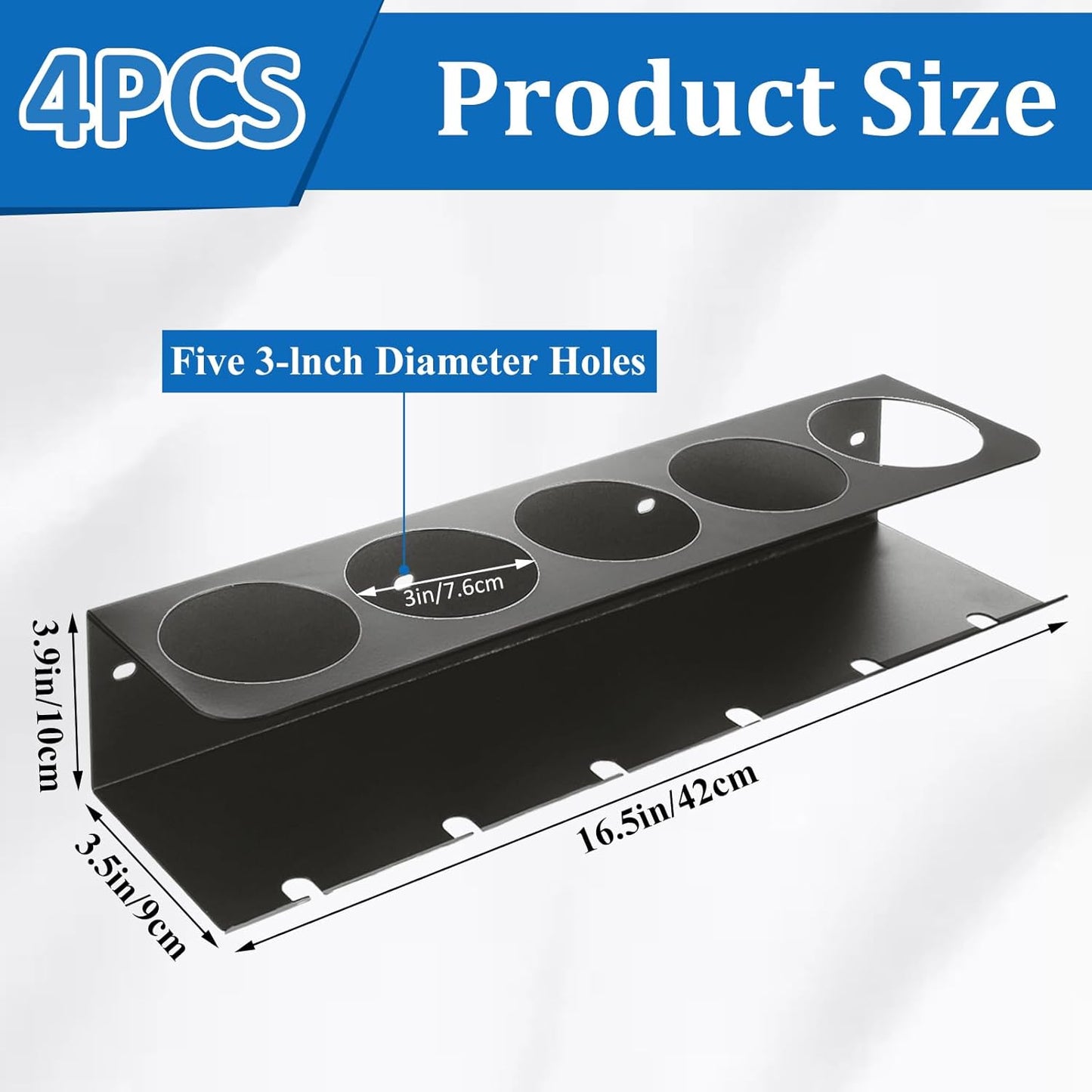 4Pcs Can Holder Rack Organizer Spray Bottle Holder Wall Mount Heavy-Duty Iron Can Storage for Garage And Workspace, Black 16.5×3.5×3.9inch with Five 3-Lnch Diameter Holes