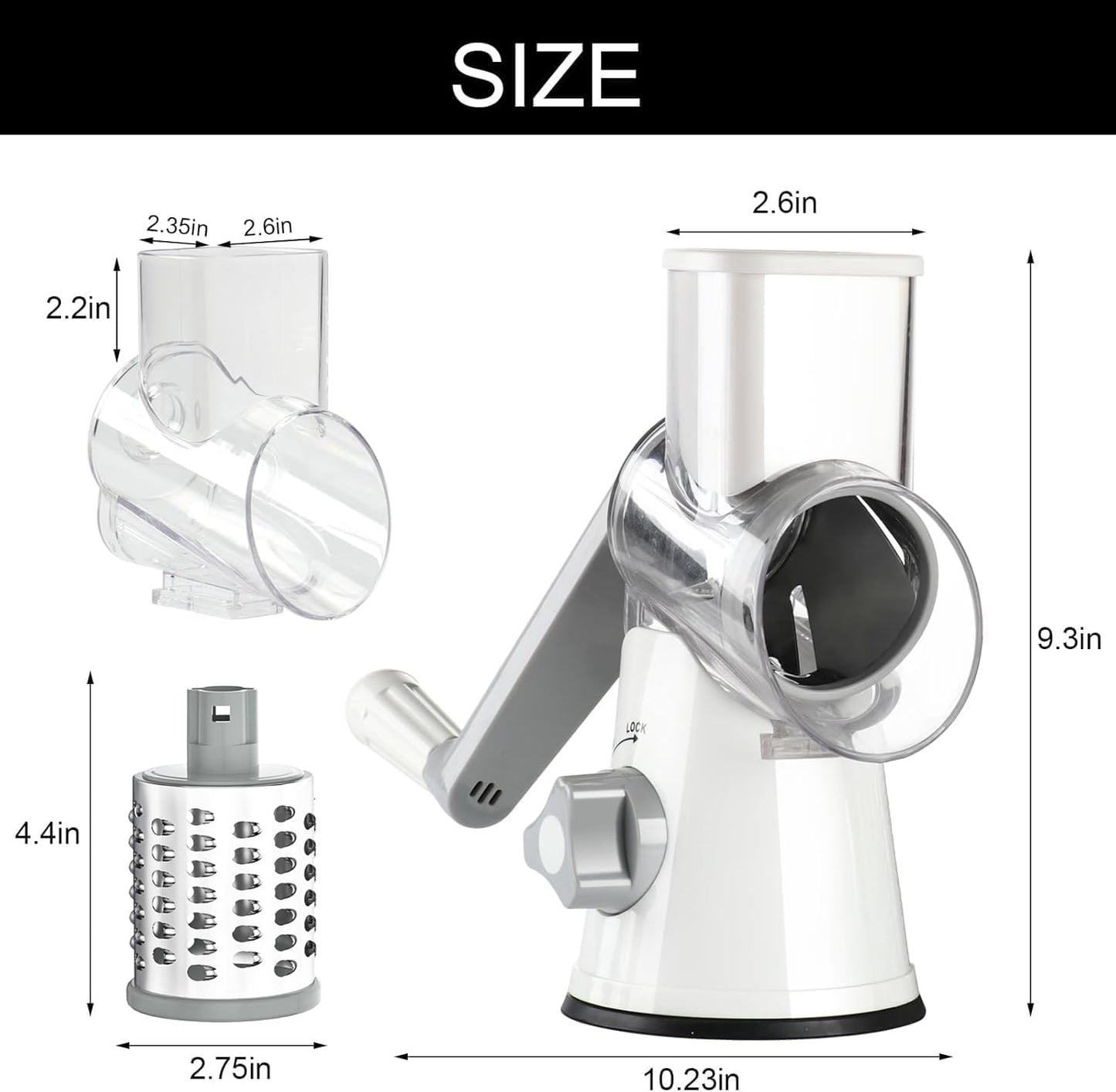 Cambom Rotary Cheese Grater Hand Crank Cheese Shredder for Fresh Cheese, Vegetable, Nuts,Non-slip Suction Base, Free Cleaning Brush Three Blades, White