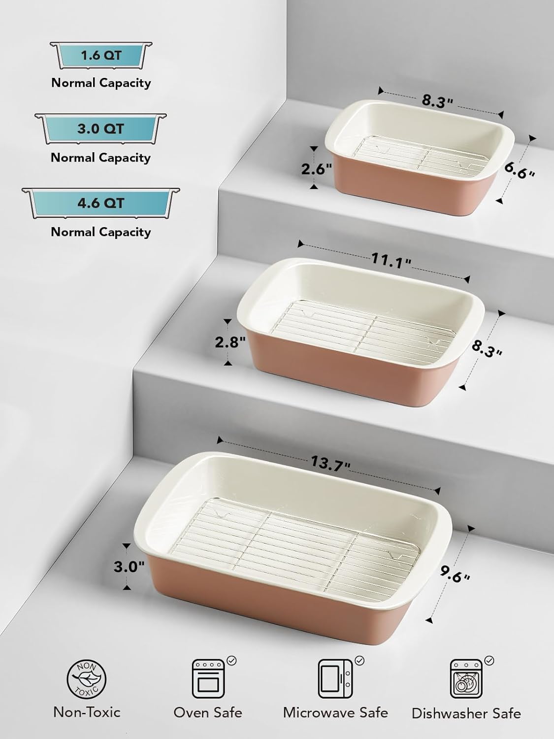 LE TAUCI Deep Casserole Dishes for Oven, 13.7”x9.6” Ceramic Baking Dish Set with Roasting Racks, Large Lasagna Pans with Handles, Rectangular Bakeware as Gift for Mom, Dusty Pink(4.6QT/3.0QT/1.6QT), Set of 3