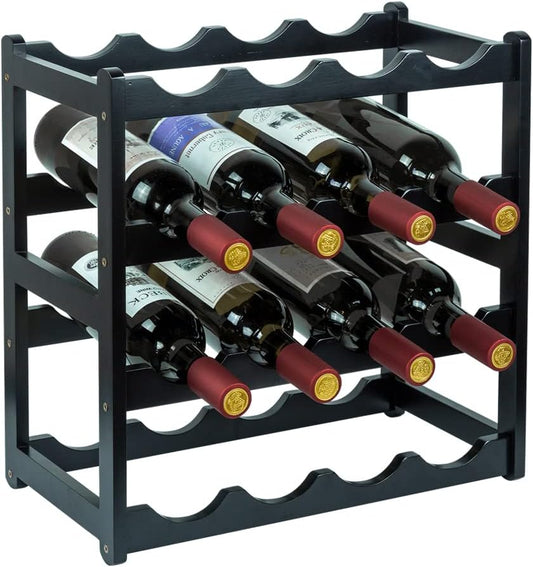 Bamboo Wine Rack, Sturdy and Durable Wine Storage Cabinet Shelf, Wine Racks Countertop for Pantry - 4 Tiers 16 Bottle Wine Rack Black