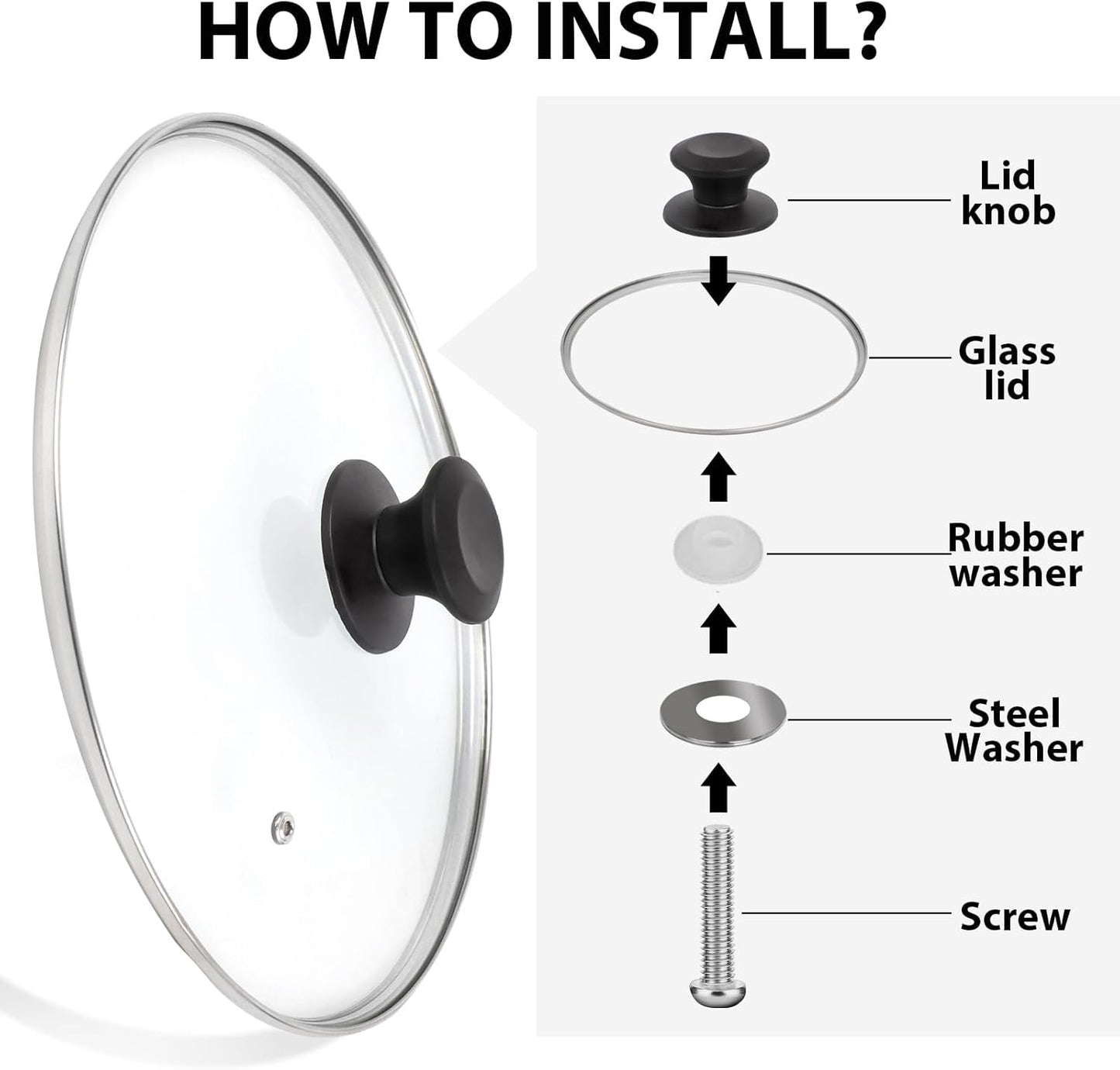 11 inch Tempered Glass Lid for Pots, Frying Pans and Skillets, Replacement Cover with Heat Resistant Black Knob Handle, Dishwasher Safe