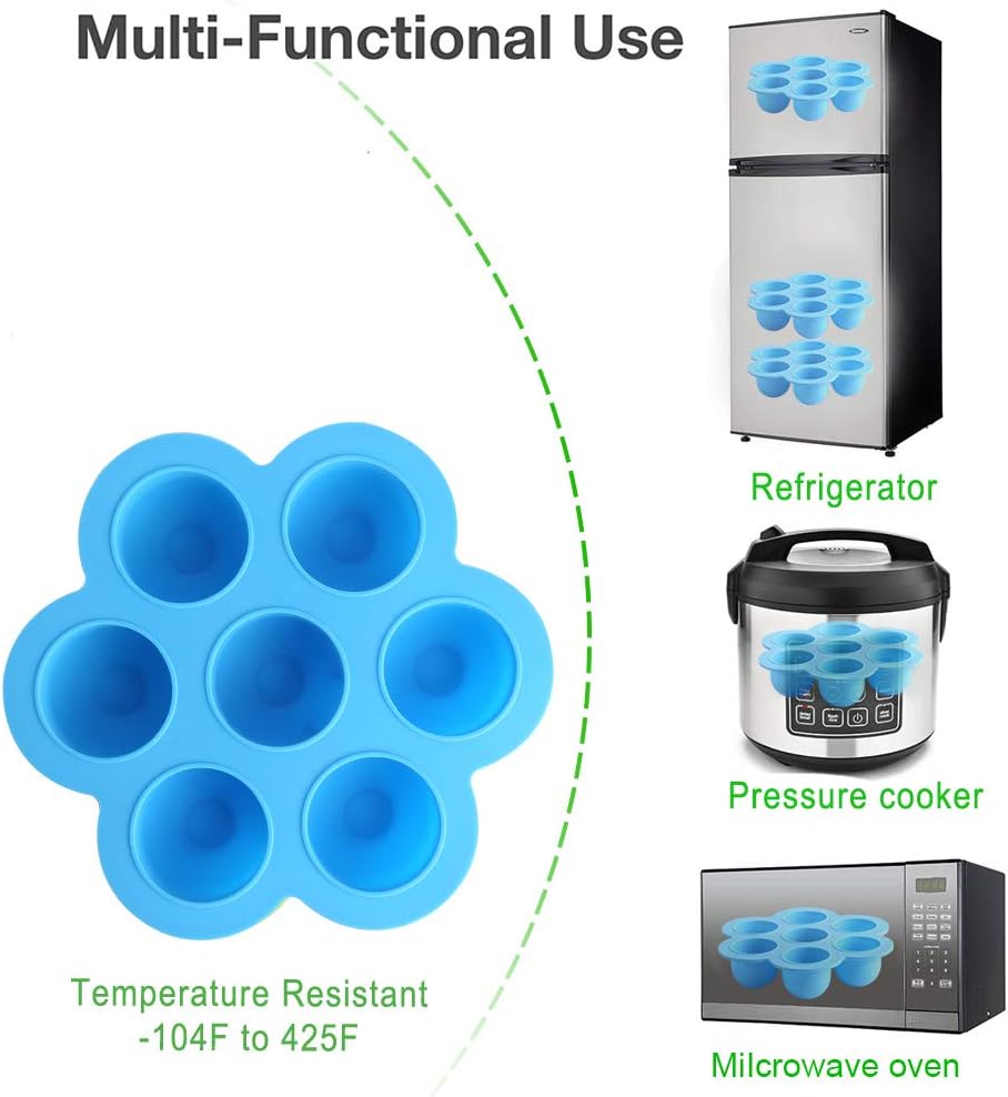 ROTTAY Silicone Egg Bites Molds and Steamer Rack Trivet with Heat Resistant Handles Fit Instant Pot Accessories, 7pcs set for 6qt & 8qt Electric Pressure Cooker With 2 Spoons and Silicone spatula