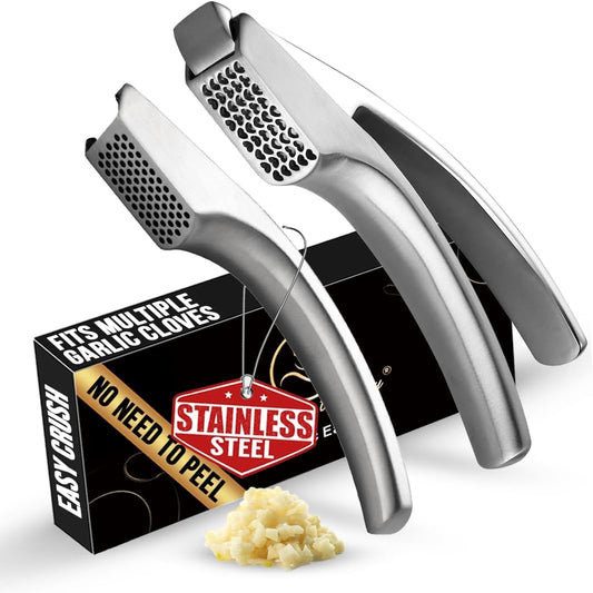 No Peeling Required Garlic Press Stainless Steel with Two Detachable Handles for Coarse&Fine Mincing-Premium Garlic Mincer Tool, Easy to Clean, Dishwasher Safe Garlic Crusher with Lifetime Replacement