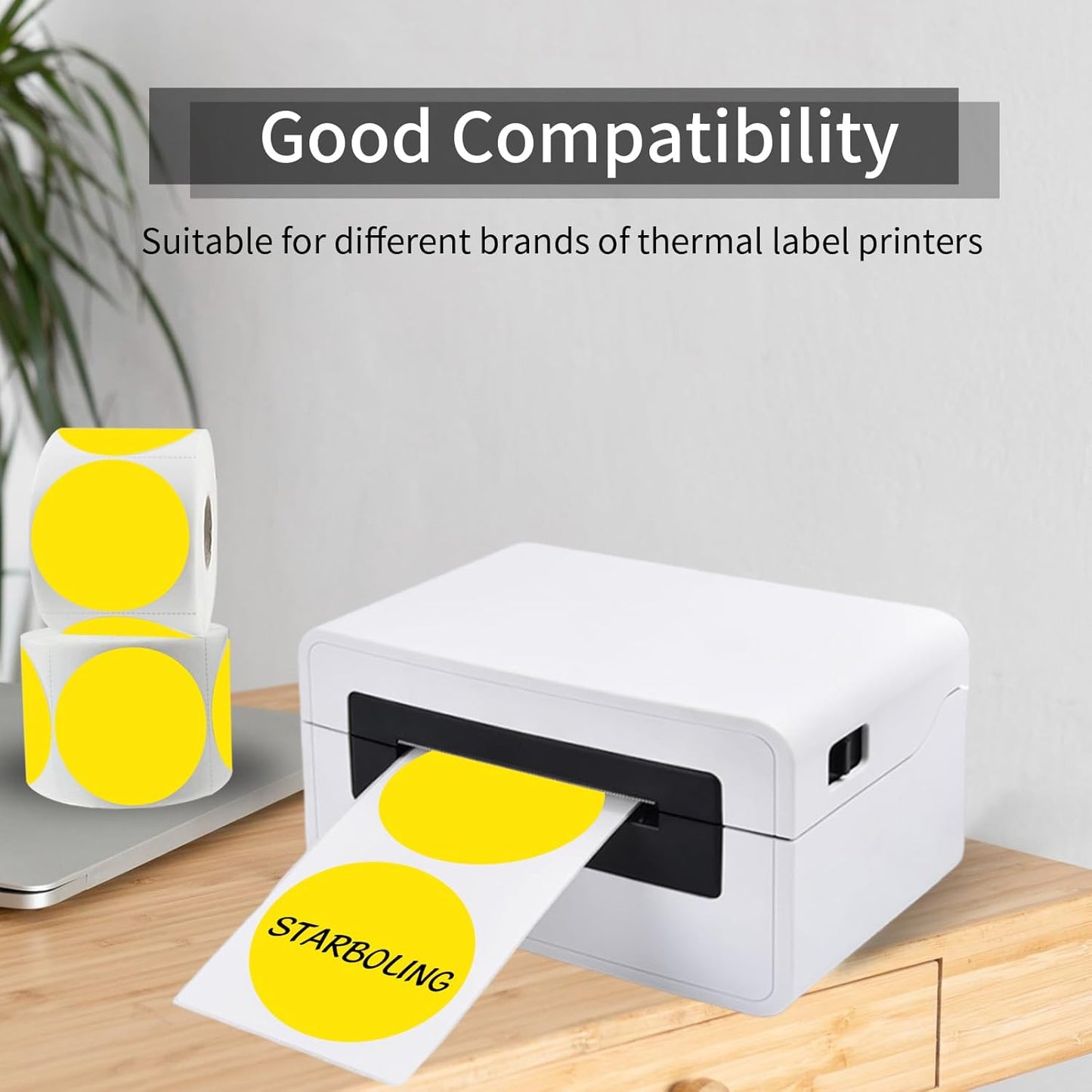 starboling Thermal Labels,2 Inch Yellow Round Thermal Printer Stickers,Self-Adhesive Round Direct Thermal Labels,Thermal Stickers for DIY Logo Design,Name Tag (500/Roll）
