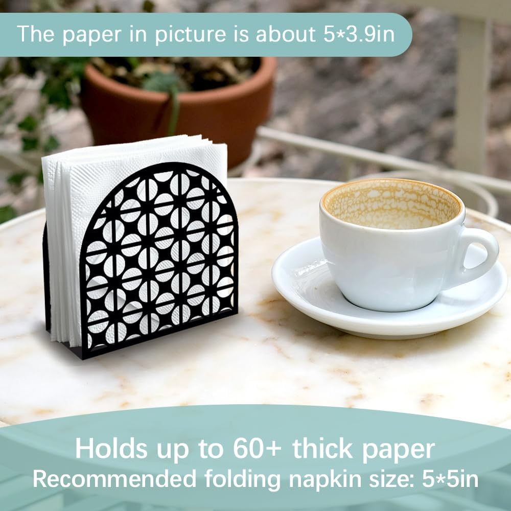 Modern Geometric Round Decorative Black Metal Napkin Holder for Table, 4.9" x 4.9" x 1.9" Standing Napkin Holder for Home Kitchen Restaurant Picnic Party Coffee Bar Dining Room