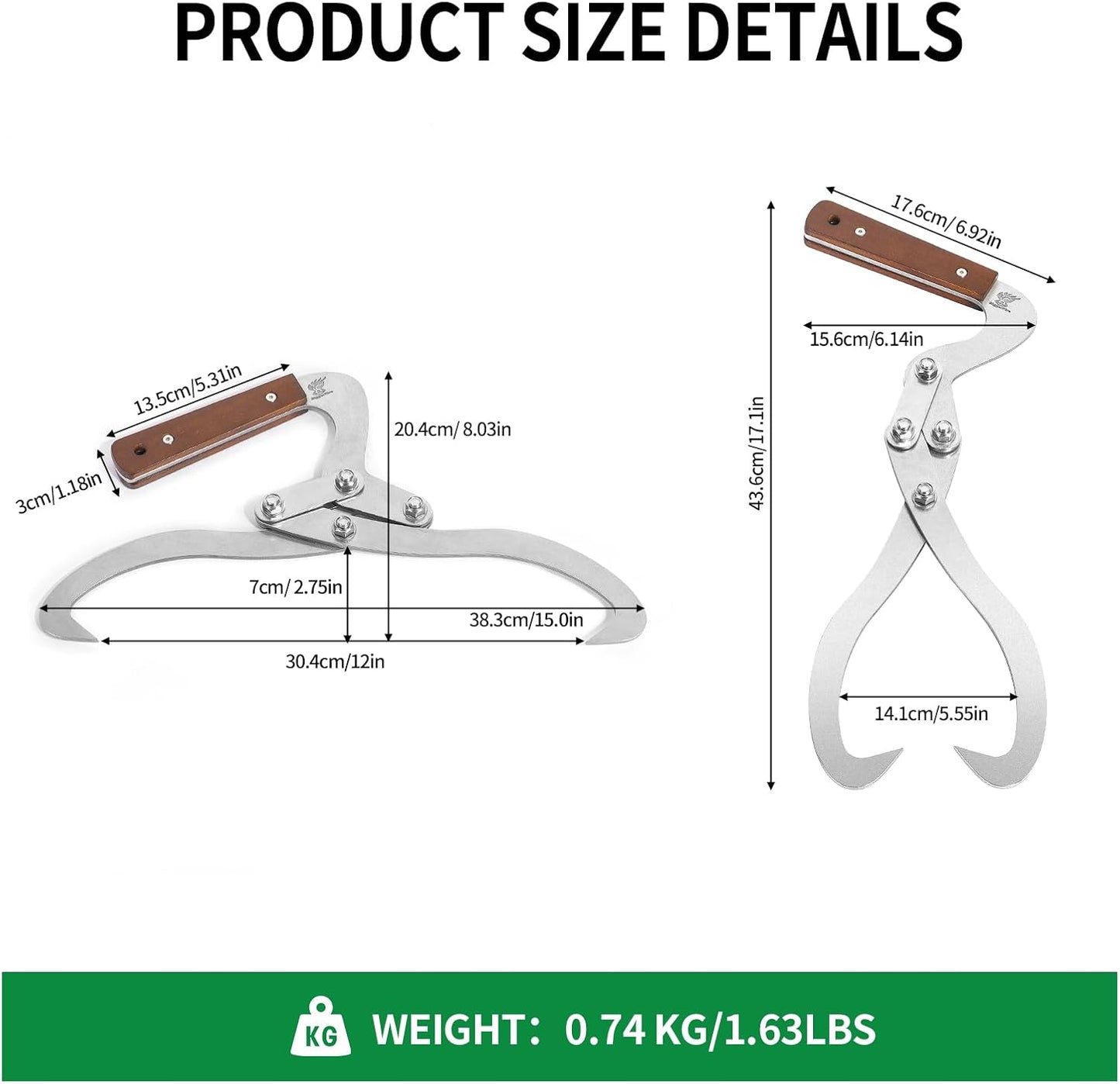 12 Inches (300MM) Log Tongs Firewood Tong with Handle Non-Slip, Claw Log Lifting Tool for Lifting, Handling, Dragging and Carrying Logs,Wood Handle 2 Claw Skidding Tongs