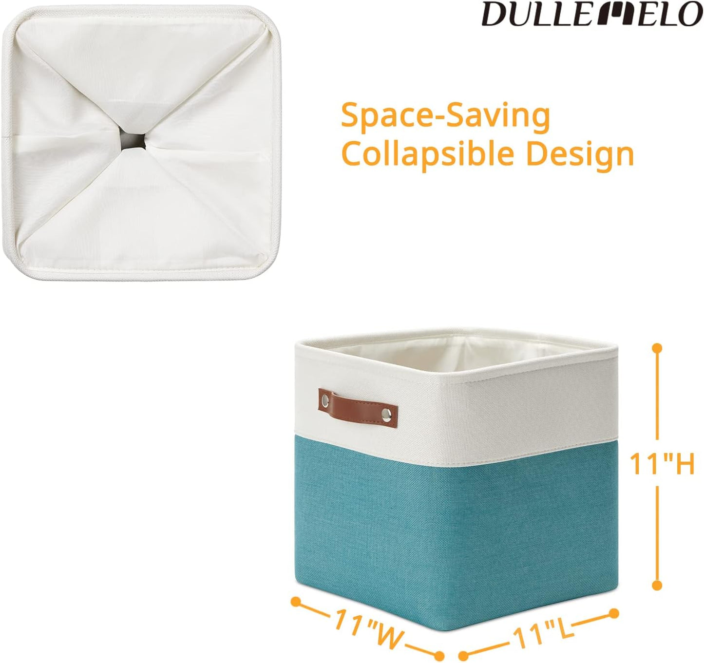 DULLEMELO Foldable Storage Cubes 11 x 11 Organizer Bins,Canvas Storage Bins Empty Gift Baskets for Organizing with SturdyLeather Handles, Closet Baskets for Nursery Storage(4 Pack - 11" White&Teal)