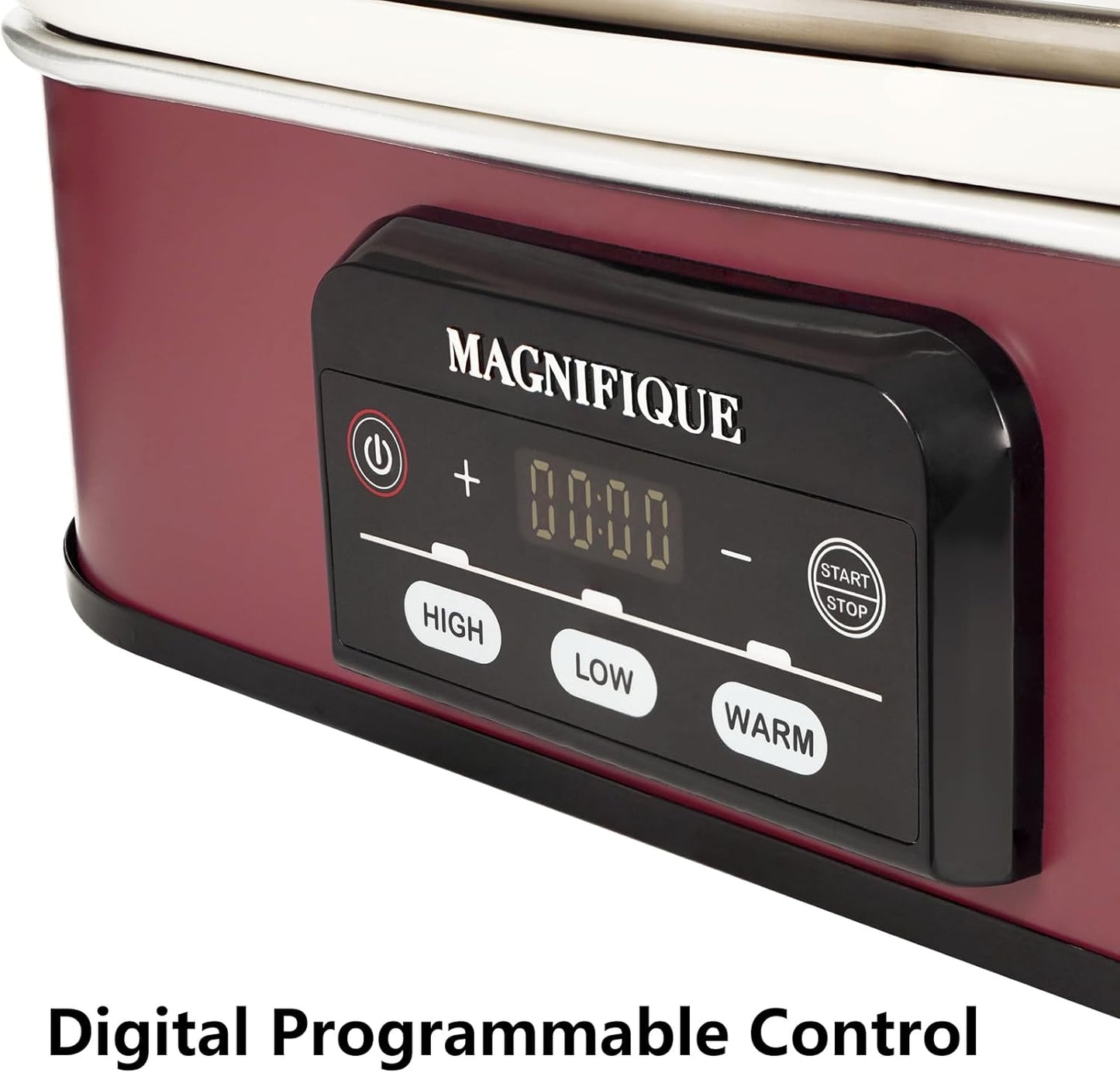 MAGNIFIQUE Small 4 Quart Casserole Programmable Slow Cooker with Ceramic Baking Dish - Perfect Kitchen Small Appliance for Family Dinners, Oven Safe and Durable Bakeware for Lasagna, Roasts (Red)