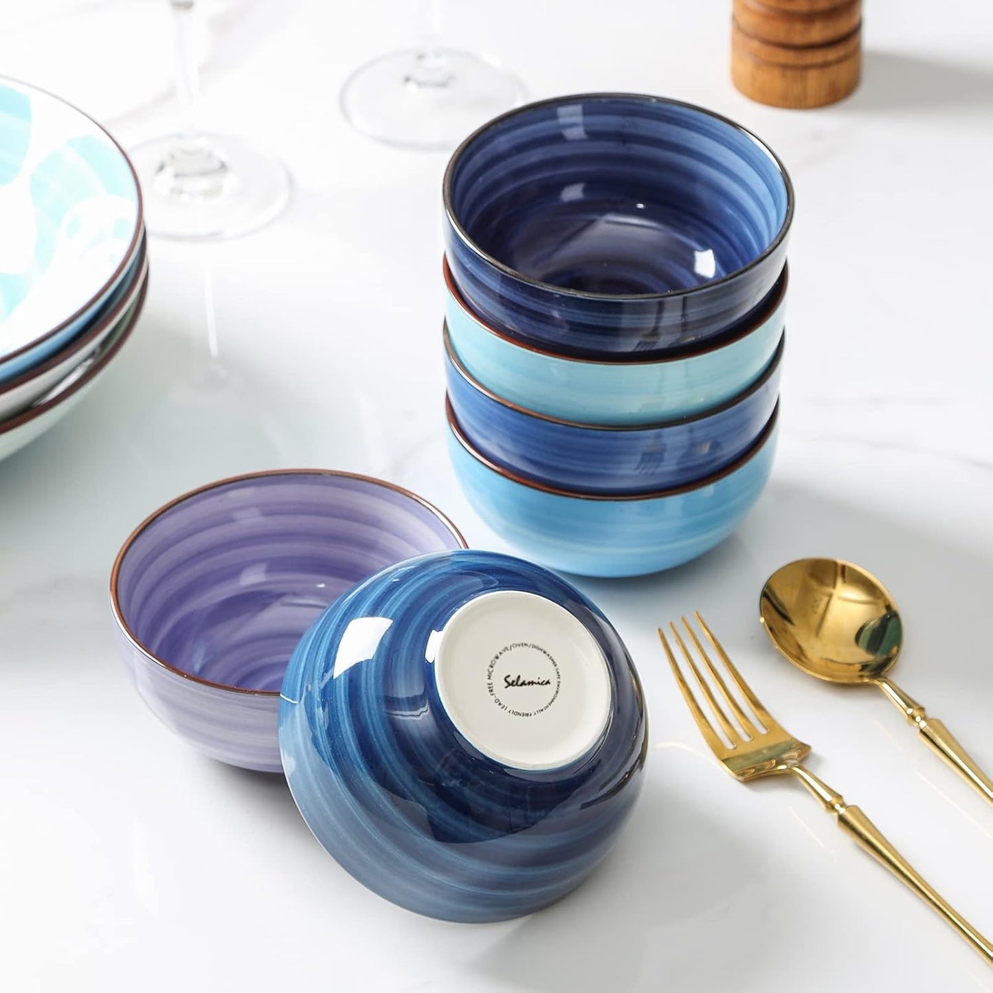 Selamica Ceramic 12 Oz Dessert Bowls Set, Small Bowls for Kitchen, 4.7 Inch Ice Cream Bowls for Snack Side Dishes Dips, Microwave Dishwasher Safe, Set of 6, Gradient Blue