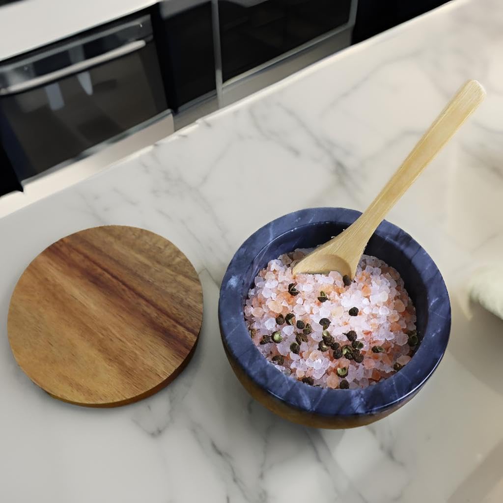 Marble Salt Cellar with Wood Lid, Natural Stone Salt box, Spice Bowl Salt Holder, Seasoning Keeper Pepper Jar, Salt Container for Countertop Kitchen