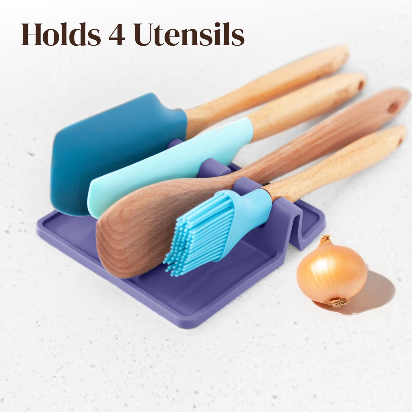Silicone Spoon Rest for Stove Top with Drip Pad (Two Pack) - Heat Resistant BPA Free Utensil Rest & Spoon Holder for Kitchen Counter - Grill Utensil Holder - Spatula Holder, Tongs, Ladle - Purple