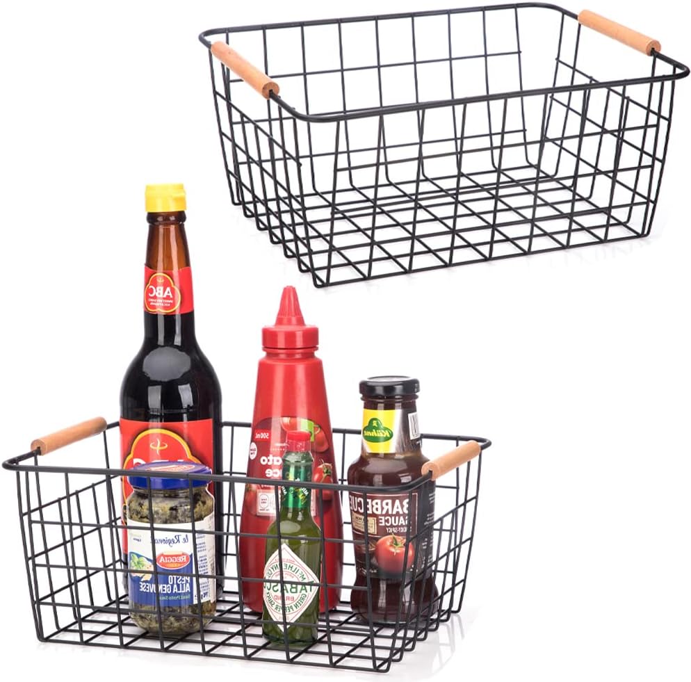 LeleCAT Wire Baskets with Wooden Handles Wire Storage Organizer Bin Baskets, Pantry, Closets, Bedrooms - Set of 2（Black）