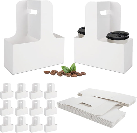 50 Pack White 2 Cup Drink Carrier with Handles, 2 Cup Cardboard Drink Carrier, Kraft Paperboard Cup Holders for Drinks, Double Cups Holder to Go Coffee Cup Holder for Food Delivery Service