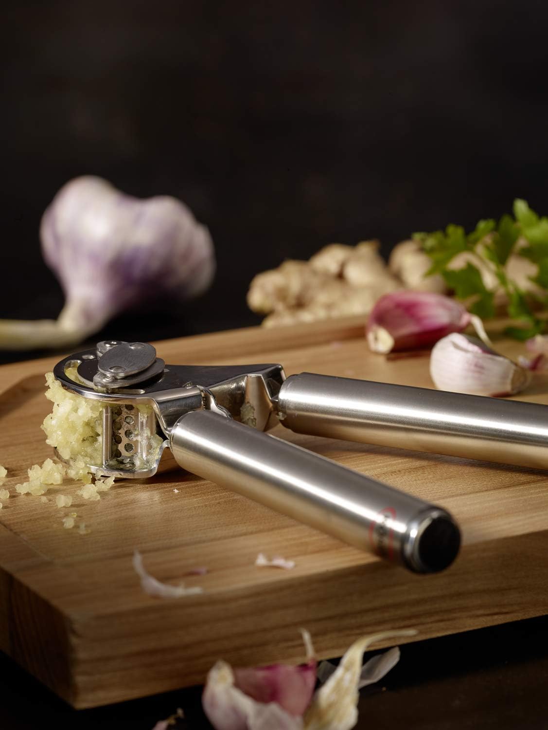 Rösle 12895 Stainless Steel Garlic & Ginger Press with Scraper for Effortless Mincing with Easy Cleanup, 13-inch