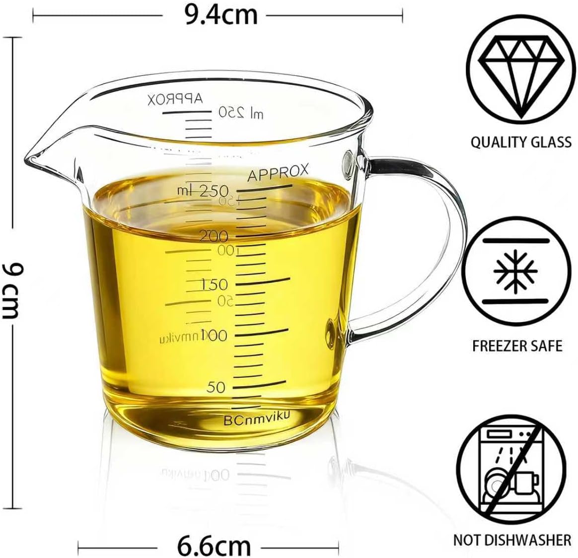 BCnmviku Glass Measuring Cups High Borosilicate [Insulated Handle | V-Shaped Spout]For Prepping Baking and Cooking Preheated Oven Dishwasher Freezer and Microwave Safe (250ml)
