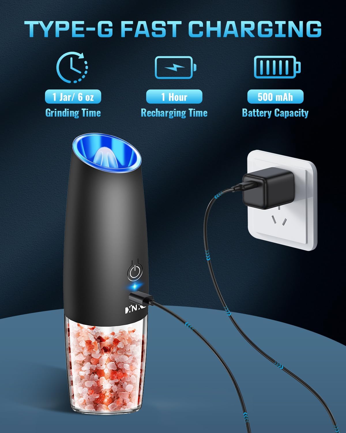XinXu RECHARGEABLE Pepper and Salt Grinder Set,Automatic Pepper Mill,USB Rechargeable,Adjustable Coarseness,One-handed Operation,Ceramic Burr,Refillable,Auto Grinders Shakers LED Light,Black