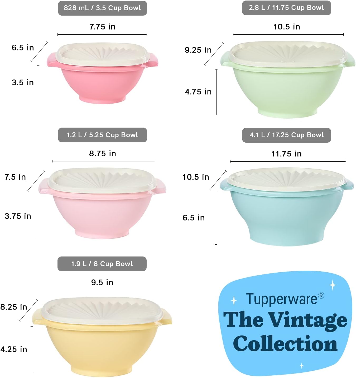 Tupperware Heritage Collection, 10 Piece Food Storage Container Set in Vintage Colors, Dishwasher Safe and BPA Free (5 Bowls, 5 Lids)