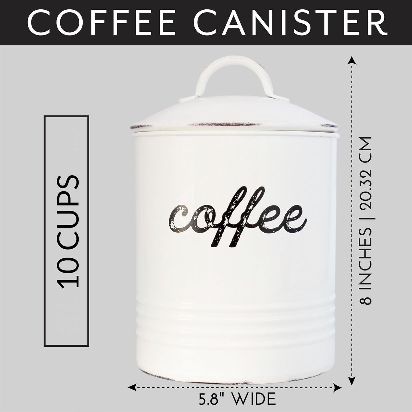 AuldHome Design Enamelware White Coffee Canister; Rustic Distressed Style Tea Storage for Kitchen