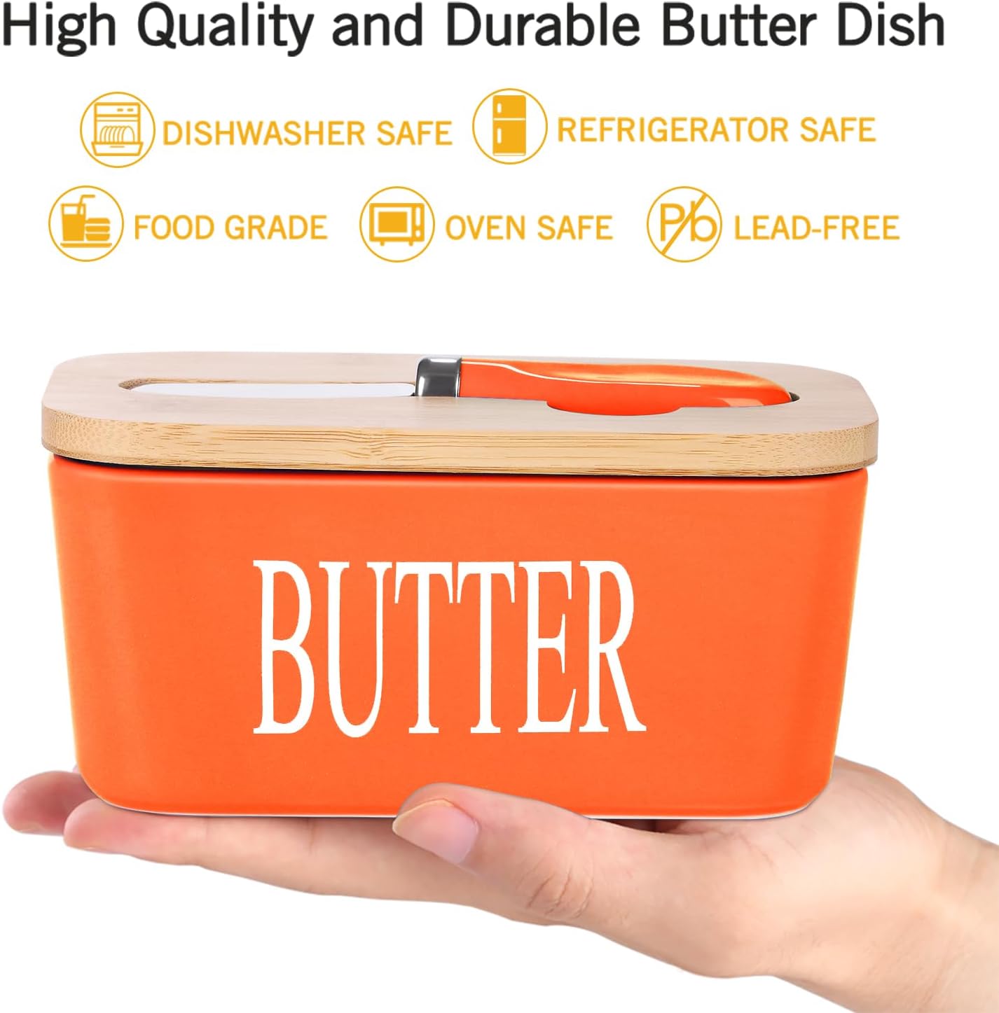 Ceramic Butter Dish with Wooden Lid, Large Butters Container Keeper Storage with Stainless Steel Knife Spreader, Bamboo Cover and Silicone Sealing Ring for West East Coast, Orange