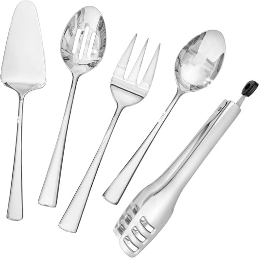 KINGSTONE 5 Piece Serving Utensils Set, 18/10 Stainless Steel Serving Utensils Large, Serving Spoon, Slotted Spoon, Fork, Tong, Cake Server for Buffet, Parties, Kitchen,Entertaining, Wedding