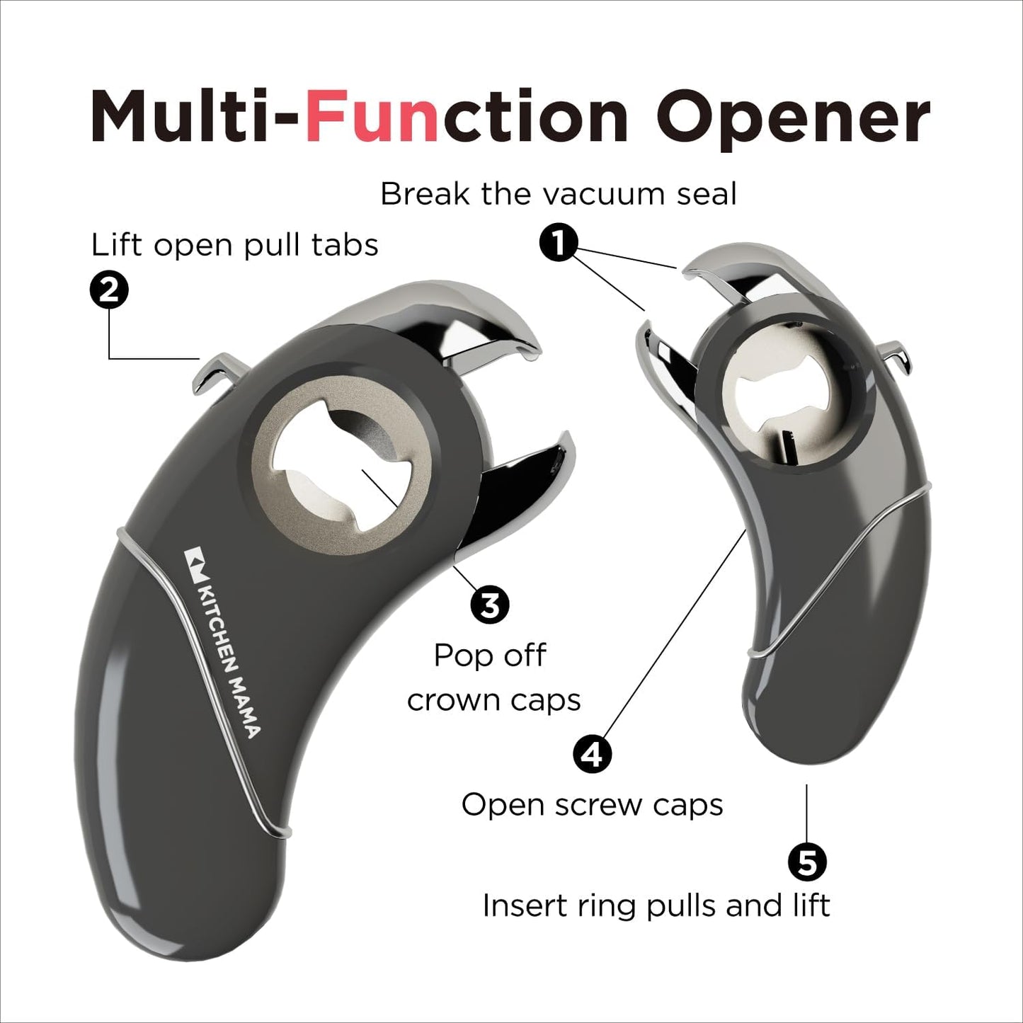 Kitchen Mama Epic One Multifunction Opener: Magnetic Bottle Opener, Beer Soda Opener, Effortless Jar Lid Opener for Seniors Elderly with weak Hand and Arthritis, Essential Kitchen Gadget (Metal Gray)