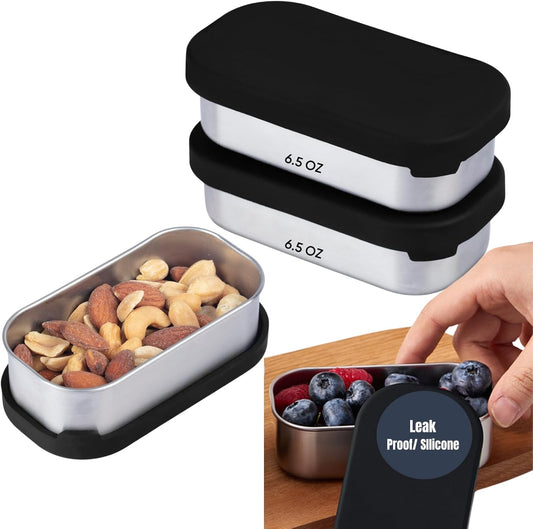 Flexibento - 2 x 6.5 oz | Leak proof | Small Stainless steel Snack Containers with Silicone lids|Dip, snacks, condimenrs | Plastic and BPA free | Metal Lunch box | Black (set of 2)