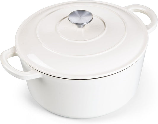 E-far 7QT Enameled Dutch Oven, Cast Iron Dutch Oven Pot with Lid for Cooking/Bread Baking/Braising/Roasting/Stewing, Heavy Duty Round Nonstick Cookware Safe for Induction & Oven - White