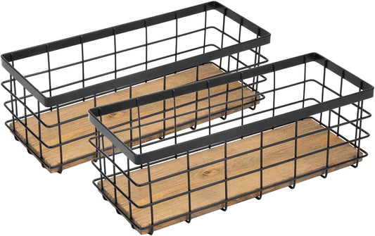 TIEYIPIN Farmhouse Small Metal Wire Storage Basket Bin, Rustic Home Storage Organizer with Wooden Bottom for Kitchen, Cabinets, Bathroom Counter, Pantry, Garage, Laundry Room - Black (2 Pack)